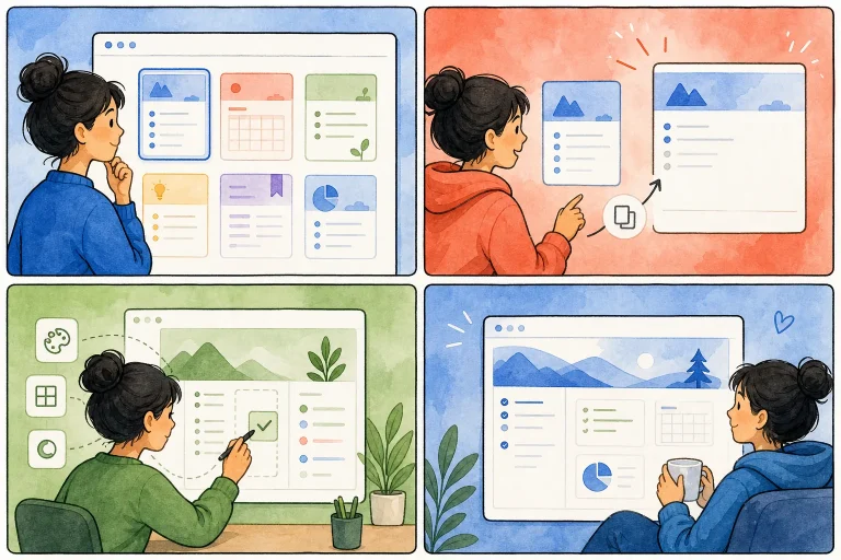 Four-stage visual sequence showing a blank template becoming a customized organized workspace